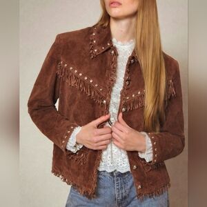 Montanaco Genuine Suede Fringe Leather Jacket M Western Boho Cowgirl Studded